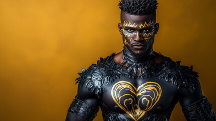 An individual displays elaborate body painting inspired by African tribal traditions, celebrating love and culture