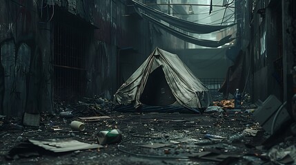 A dilapidated, empty tent in a deserted urban alleyway, surrounded by trash and debris.