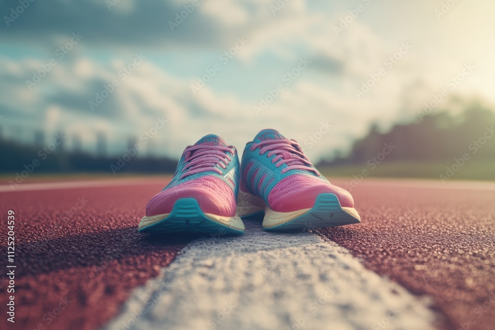 Aufkleber A pair of colorful running shoes rests on a track, capturing the essence of fitness and movement during a beautiful late afternoon. Generative AI