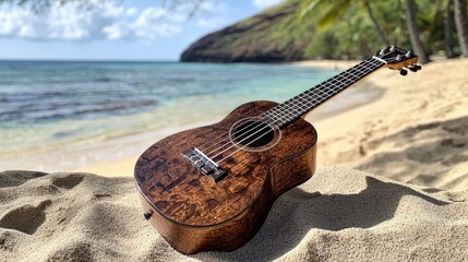 Relaxing ukulele scene on sandy beach oceanfront nature photography tropical environment serene viewpoint musical vibes