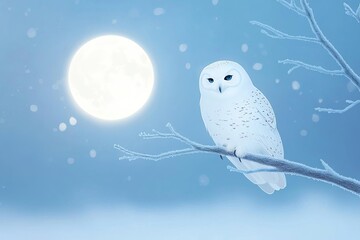 Obraz premium A serene snowy owl perched under a bright full moon in a tranquil winter night.