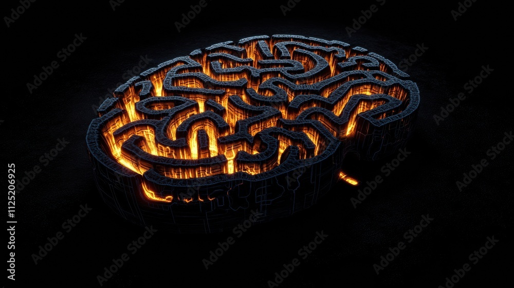 Fototapete A complex labyrinth creatively arranged to resemble a human brain, featuring illuminated pathways within a dark background, offering ample copy space. Generative AI