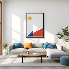 minimalist living room interior design, 3d render, modern sofa with colorful pillows, geometric art poster with black frame, neutral tones