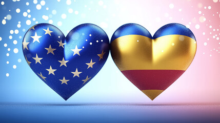 Two glossy heart shapes display the flags of Europe and Colombia, signifying friendship and cultural ties