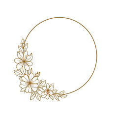 Obraz premium Round golden floral wreath frame with hand drawn flowers and leaves decoration