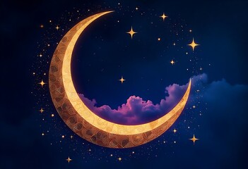 Naklejka premium Crescent Moon and Stars in Night Sky
