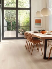 Modern Chic Dining Space with Rustic Wood Table and Vibrant Decor Elements