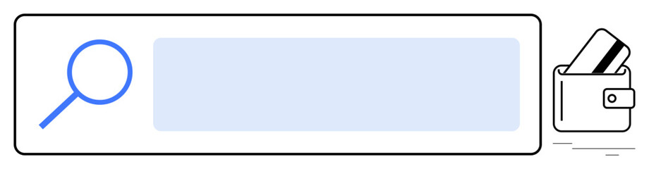 Magnifying glass next to a blue search bar, wallet with credit cards. Ideal for financial transactions, online shopping, digital payment methods, financial tools, website designs, fintech apps, user