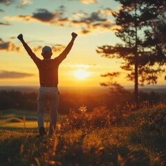 A golfer celebrates triumphantly at sunset, surrounded by nature's beauty.