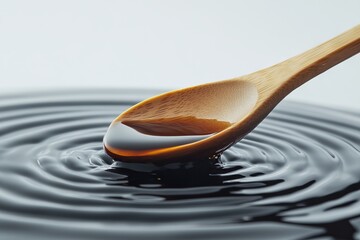 Soy Sauce Pouring from Wooden Spoon onto Water Ripple Background. AI generated illustration