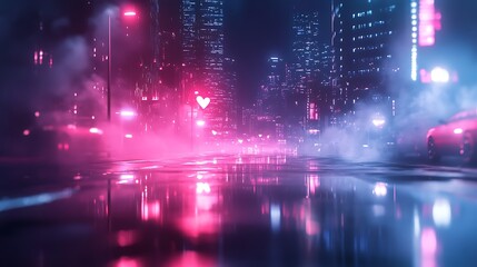 Fototapeta premium Cyberpunk city street at night, reflecting neon lights in wet asphalt.