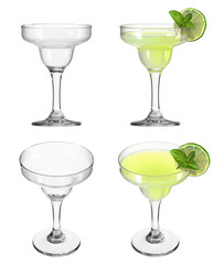 Margarita cocktail glass on isolated transparent background. Set of empty glasses and with drink in different angles. Beverage with lime and mint. Bar theme. 3d rendering.