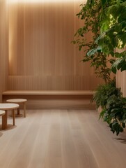 Fototapeta premium Serene Spa Oasis with Grey Wood Floors, Natural Furniture, and Lush Greenery under Ambient Lighting