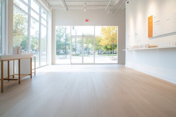 Obraz premium Chic Contemporary Boutique with Sleek Grey Wood Grain Flooring and Vibrant Product Displays
