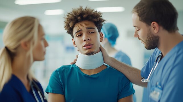 Diverse medical staff removing cervical neck collar off of injured patient with fracture while dealing with physical pain. Nurse and medic giving support to young adult in hospital reception  - Powered by Adobe