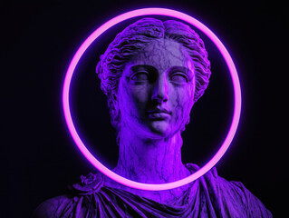 An ancient greek statue of a goddess made of white marble,   illuminated by a purple neon ring 