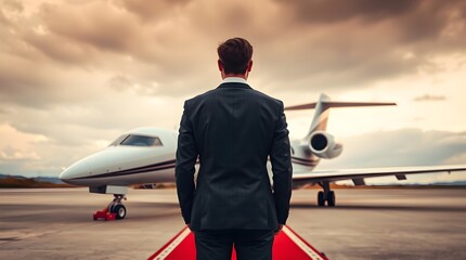 modern business executive in suit stands on red carpet, facing private jet. 
