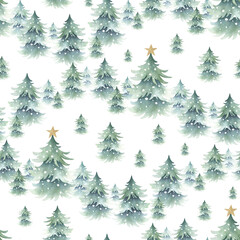 Christmas spruces snow-covered with festive golden star decoration, forest winter landscape. Hand drawn watercolor isolated seamless pattern for New Year festive packing paper, fabric and textile.