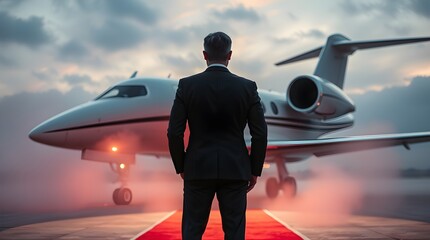modern business executive in suit stands on red carpet, facing private jet. 