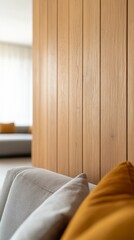 Fototapeta premium Modern and Cozy Lounge with Sustainable Wood Accent Wall and Minimalist Decor