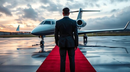 modern business executive in suit stands on red carpet, facing private jet. 