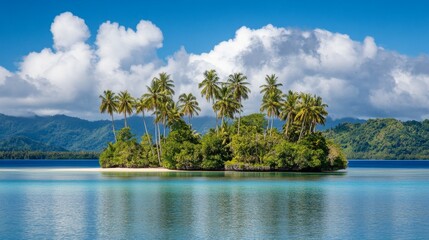 Tranquil Tropical Paradise Lush Palm-Covered Island in Azure Waters under Fluffy Clouds - Serene Nature Escape Concept