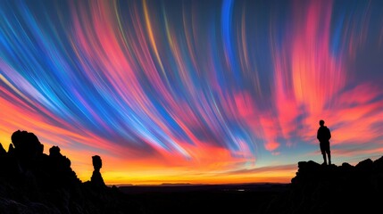 Fototapeta premium Surreal Sunset Skies Vibrant Silhouette in Majestic Landscape - Awe-Inspiring Nature Photography with Dramatic Colors and Solitary Figure