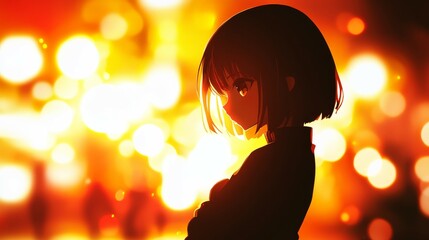 Mysterious Anime Girl Portrait with Fiery Bokeh Lights - Dramatic Digital Art of Pensive Female Character in Warm Tones - Intense Profile View of Manga-Style Woman with Dark Hair