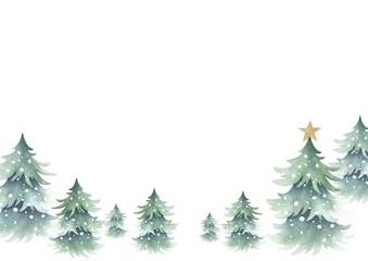 Christmas spruces snow-covered with golden star. Hand drawn watercolor fir trees illustration, horizontal greeting card template isolated from background with copy space for text for New year, A4.