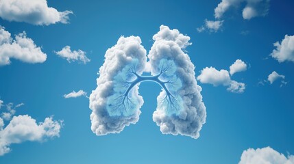 A highly photorealistic image of a pair of human lungs made from clouds against a blue sky background, a concept for a commercial advertisement or medical poster with copy space area for text.