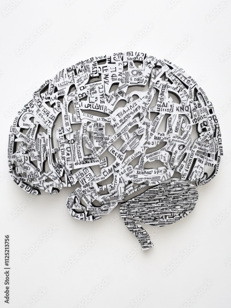 Fototapete This artistic representation of a human brain is crafted from an intricate arrangement of words and phrases, creating a visual metaphor for cognition. Generative AI
