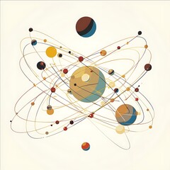 Abstract depiction of atomic structure with colorful orbits and spheres