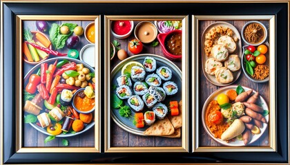 The frames are elegant and modern, with a glossy finish that accentuates the richness of the food.