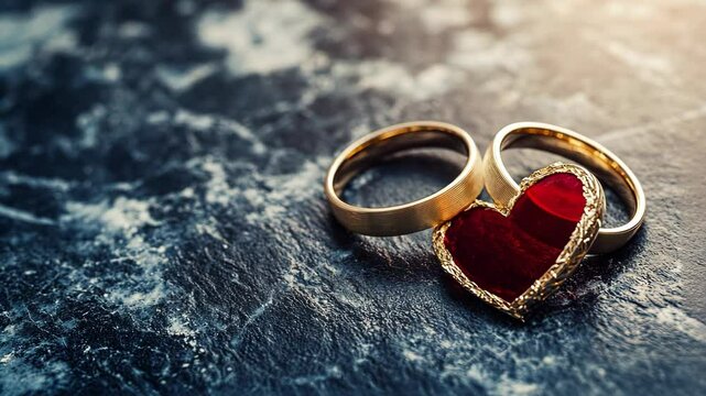 Wedding rings and heart-shaped pendant showcase love and commitment on a textured dark surface