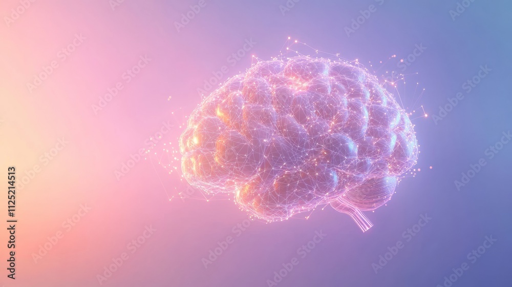 Aufkleber A vibrant, glowing brain made up of luminous points and lines suspended against a soft gradient background, featuring ample space for text addition. Generative AI