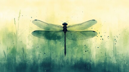 Detailed depiction of a dragonfly resting on a grassy background in a tranquil outdoor scene with artful textures and colors showcasing the elegance and intricacy of nature in a serene setting
