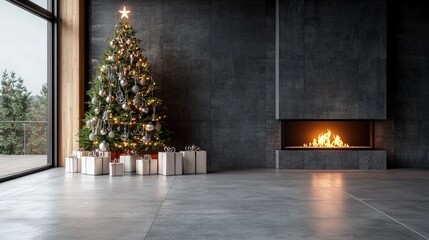 Modern living room with Christmas tree, fireplace, and gifts.