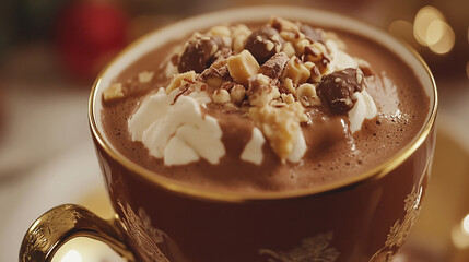 Hot chocolate infused with hazelnut syrup and topped with pralines.