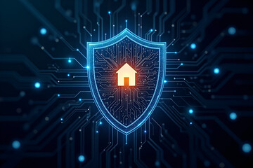Obraz premium Futuristic glowing shield protecting smart home with circuit board pattern, representing digital home security