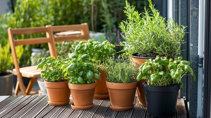 A lovely wooden balcony features an array of potted herbs, including basil and thyme, alongside two inviting chairs. Sunlight bathes the serene space in warmth, perfect for leisure and gardening