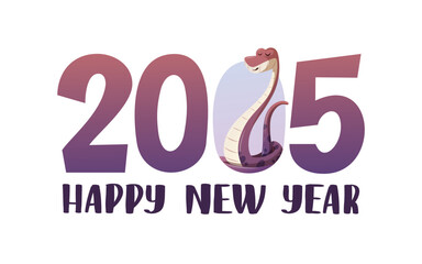 A cartoon snake with “2025 Happy New Year” text. Chinese New Year, Year of the snake concept. Vector illustration for card, poster, banner.	