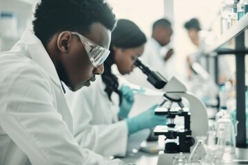 In a bustling medical laboratory young scientists conduct research. One researcher intently examines a sample through a microscope while colleagues collaborate nearby.