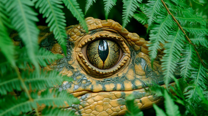 Fototapeta premium Ojo de dinosaurio entre helechos en la selva