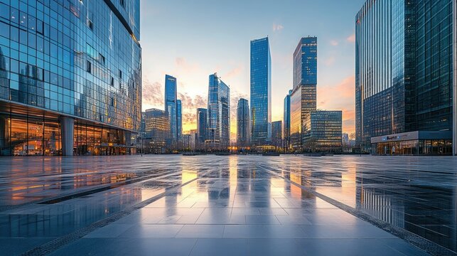 A city square at dawn with the first light reflecting off the modern office buildings nearby