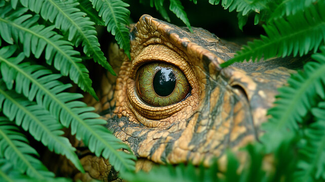 Ojo de dinosaurio entre helechos en la selva