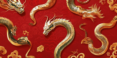 Fototapeta premium Luxurious Chinese New Year banner 2025 featuring Zodiac Snake gold and red, traditional red lanterns,golden coins, firecrackers,intricate floral designs. Celebratory, elegant,culturally symbolic.