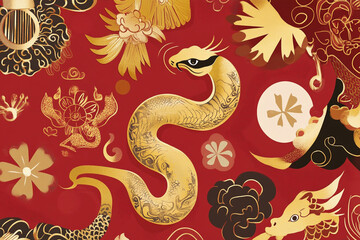 Fototapeta premium Luxurious Chinese New Year banner 2025 featuring Zodiac Snake gold and red, traditional red lanterns,golden coins, firecrackers,intricate floral designs. Celebratory, elegant,culturally symbolic.