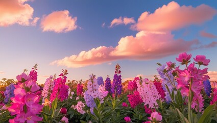 Fototapeta premium Vibrant and colorful landscape image featuring a field of blooming flowers under a bright sky.