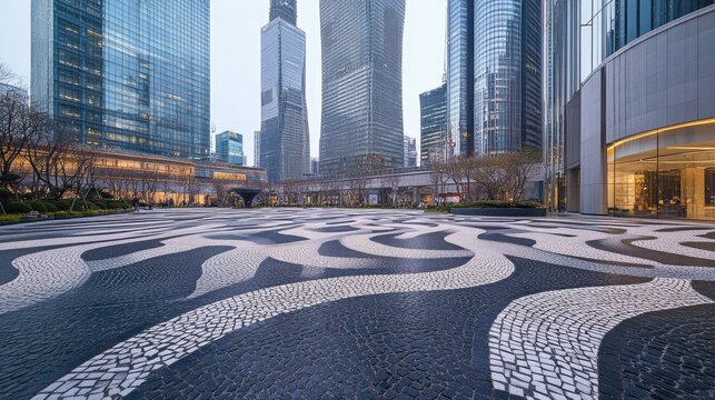 A city square with unique stone patterns, set against the bold lines of contemporary skyscrapers