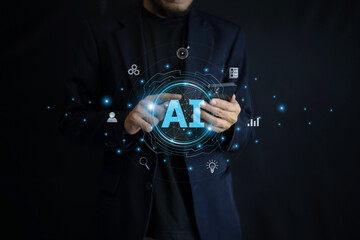 Businessman using AI-powered technology on a mobile device, showcasing innovation and seamless integration of artificial intelligence into daily operations.